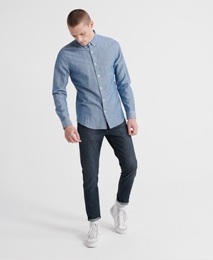 Superdry Edit Linen Button Down Férfi Hosszú Ujjú Ing Kék | NMYSJ1793